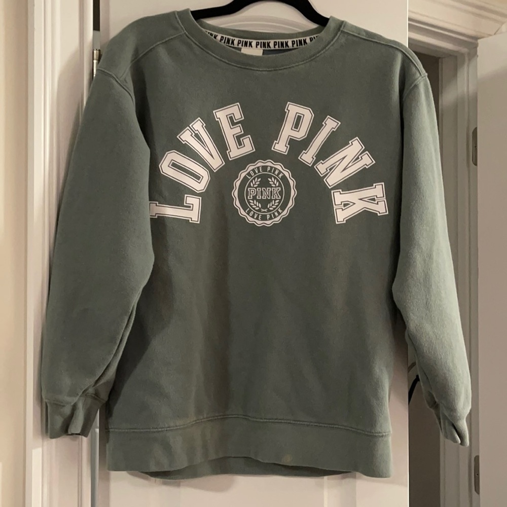 Victoria Secrets Pink green logo Crewneck small petite sweatshirt 2 stains